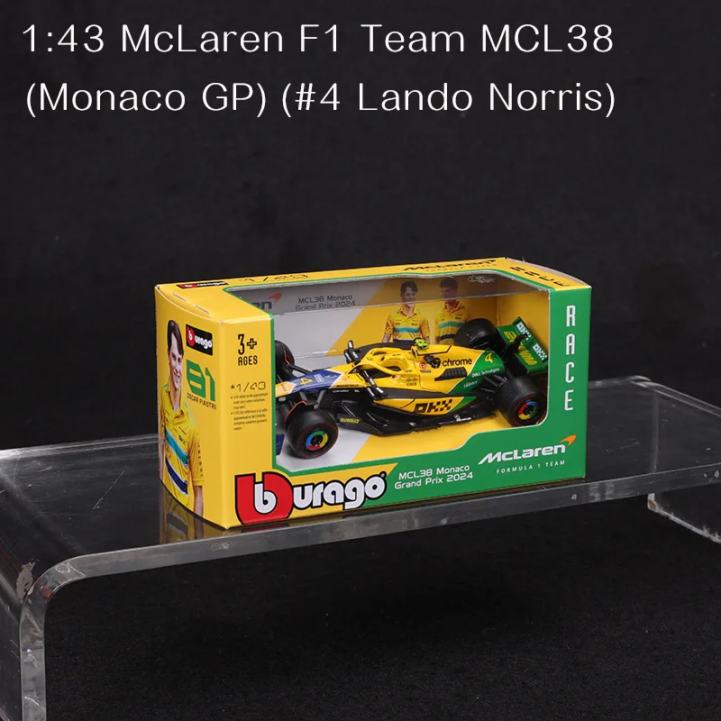 1:43 Bburago Mclaren MCL38 Monaco Grand Prix F1 2024 F1 Alloy Miniature Diecast Model #4 #81 Lando Norris ﻿F1 Alloy Car Toy Gift