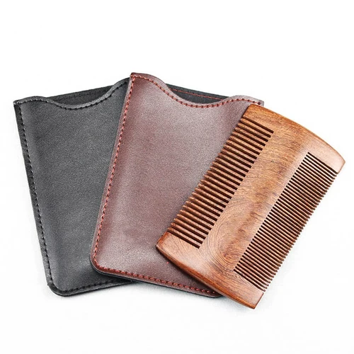Cepillo de pelo de madera Natural, peine para Barba con Funda de cuero PU, peine de bolsillo antiestático para bigote, herramientas para el cuidado del cabello para regalo de hombres