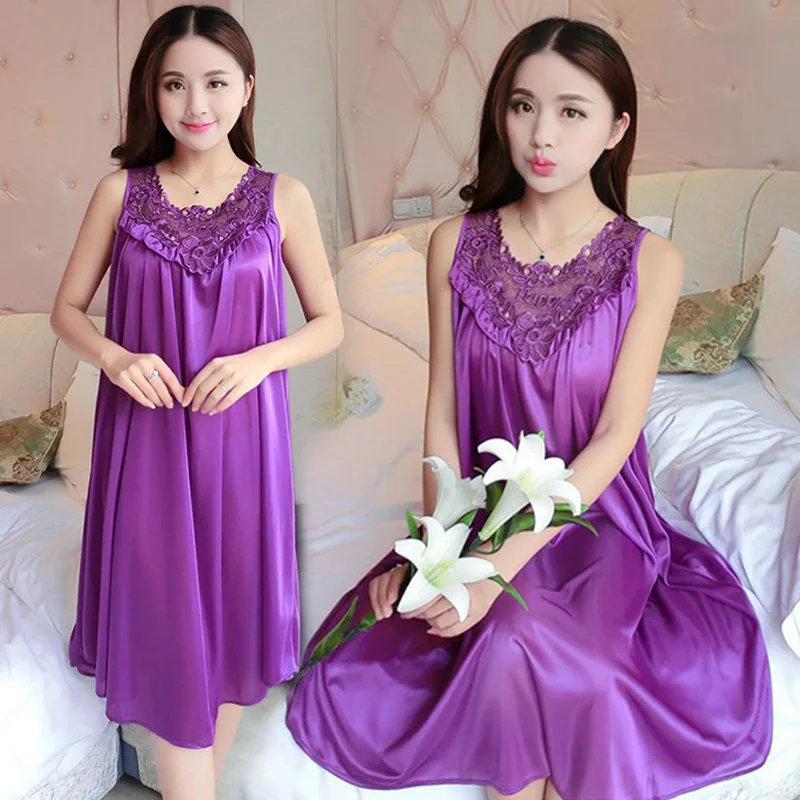 

Ladies Ice Silk Nightgowns Sleeping Dress Medium Length Short Sleeve Nightdress Sexy Sleepwear Home Wear Loungewear Pyjama Femme