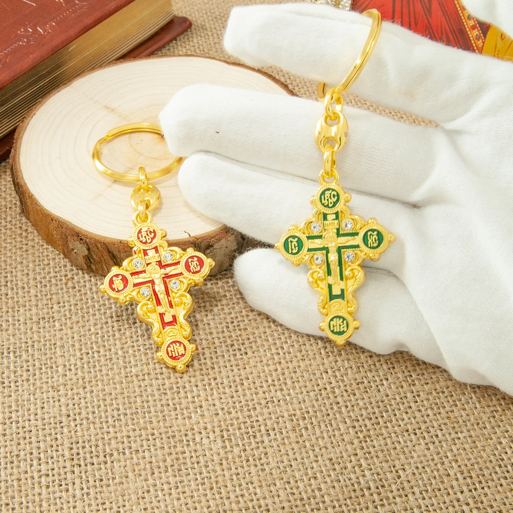 HTISOK Orthodoxes Kreuz aus Legierung, vergoldeter Schlüsselanhänger, heilige religiöse Mini-Jesus-Ikone, Kruzifix-Anhänger, heiliger Schlüsselanhänger für Gläubige – Detail 12