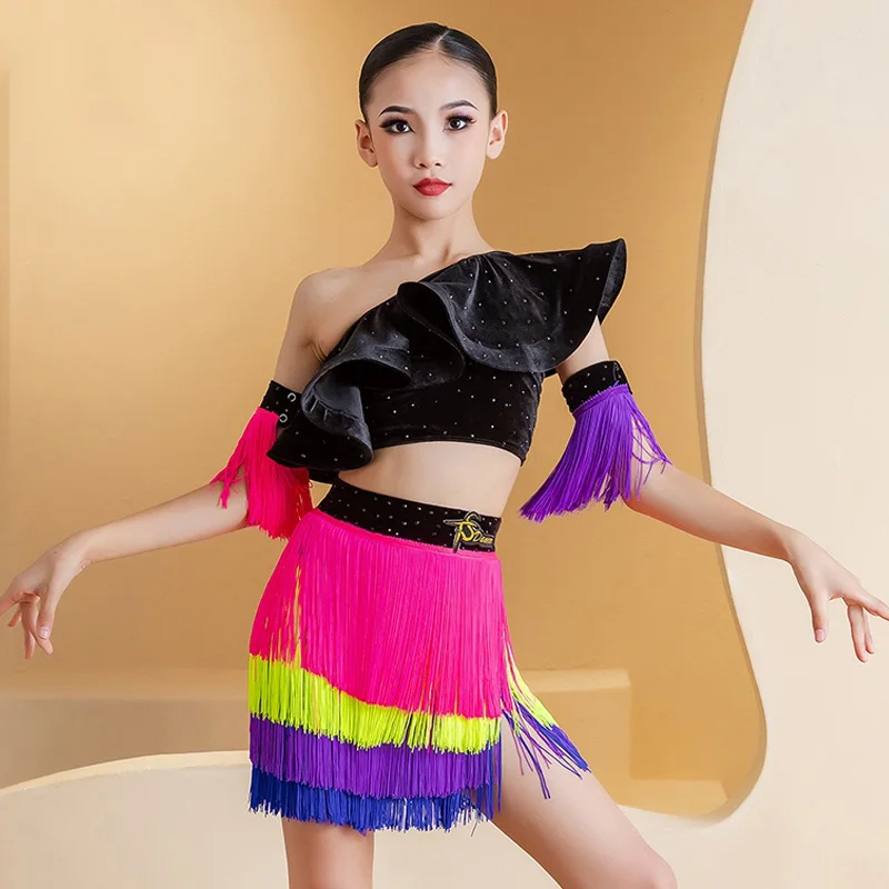 Kids Girls Latin Dance PerformanceClothes Colorful Tassels Skirt Slant Shouder Dance Costume Sets Cha Cha Dance Dress BL13658