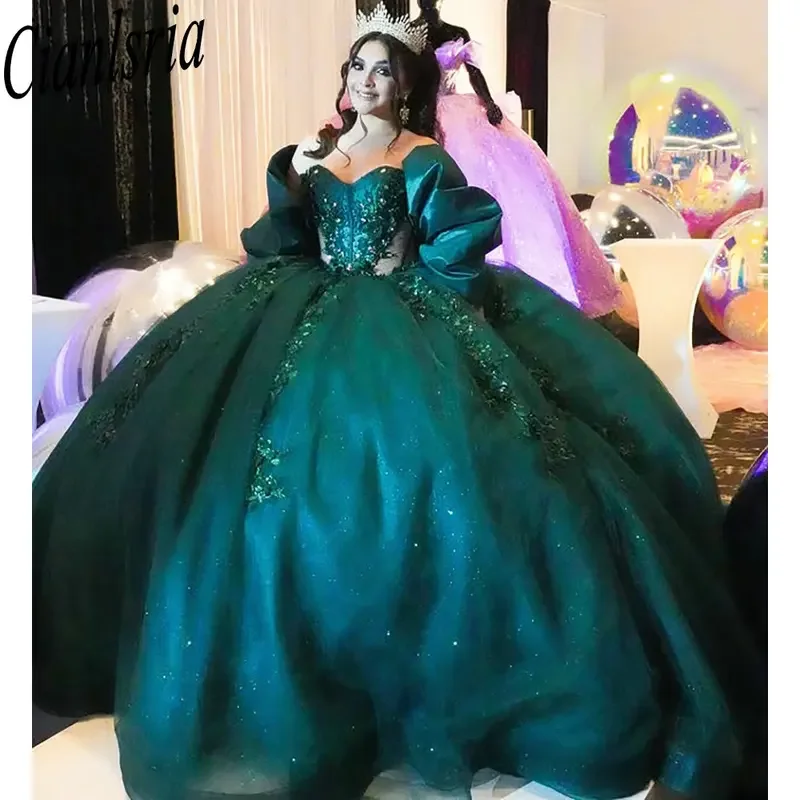 Emerald Green Illusion Sweetheart Quinceanera Dresses Ball Gown Appliques Lace Sweet 16 Dresses 15 Años Mexican Customized