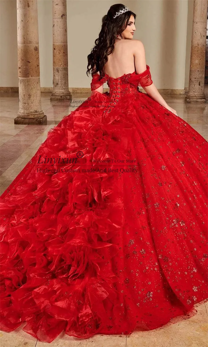 Gaun Princess Off The Shoulder Quinceanera gaun pesta gaun ulang tahun renda berkilau manis 15 16 gaun vestidos de gala