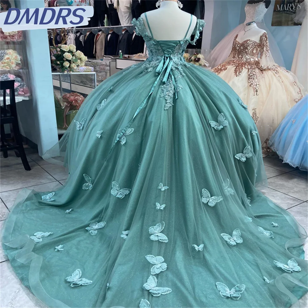 Vestidos Quinceanera de manga curta com alças de espaguete brilhante vestido de baile clássico 3D, doce vestido de 16 anos, sexy, elegante, 2024