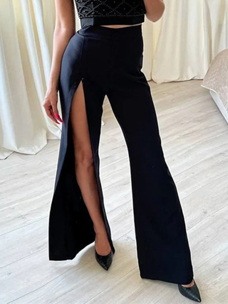 OMSJ High Waist Both Leg Split Women Hot Sexy Casual Slimming Straight Wide Legs Pants 2023 Autumn Club Party All-matching Pants