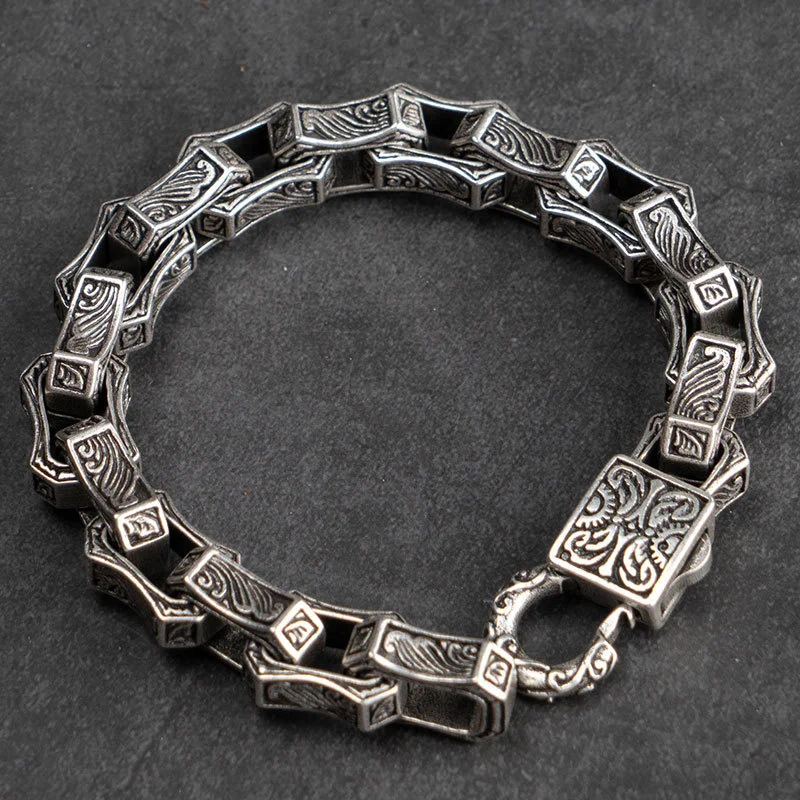 OUYADI S925 Sterling Silver Square Pattern Link Bracelet For Men Vintage Punk Motorcycle Style Retro Carved Male Jewelry Gift