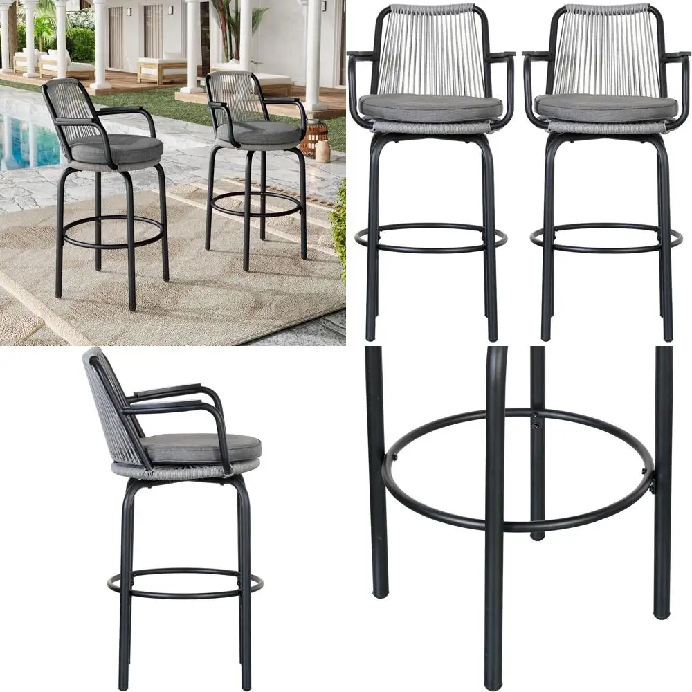 

Комплект из 2 барных стульев для улицы, высотой 29 дюймов, с плетеным сиденьем из ротангового каната, спинкой и подлокотниками, для кухни, бассейна, острова, патио