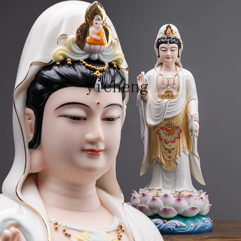 

DS Ceramic Guanyin Bodhisattva Statue Guanyin Bodhisattva Standing Statue Home Worship Ornament