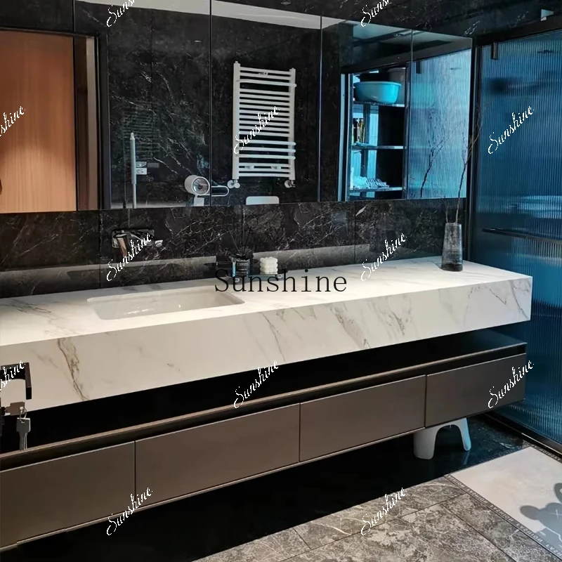Customized solid wood bathroom cabinet combination large size rock slab hotel wind bathroom washstand  FT