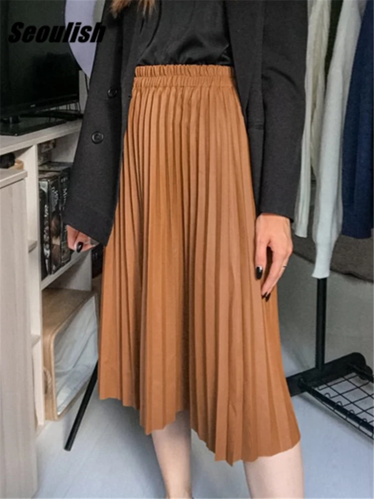 Seoulish 2022 New Autumn Winter Faux PU Leather Pleated Skirts Solid High Waist  All-match Elegant Umbrella Midi Skirt Female