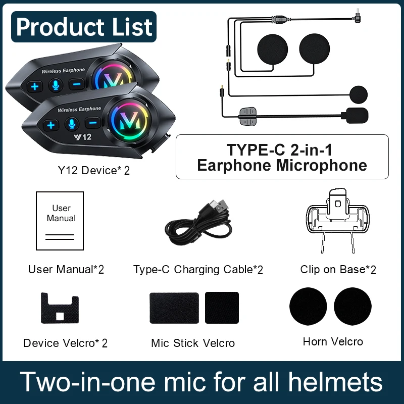 Y12 Bluetooth 5.4 Motorradhelm-Headset Stereo Sprachsteuerung Freisprechfunktion Wasserdicht 500mAh Mit Umgebungslicht
