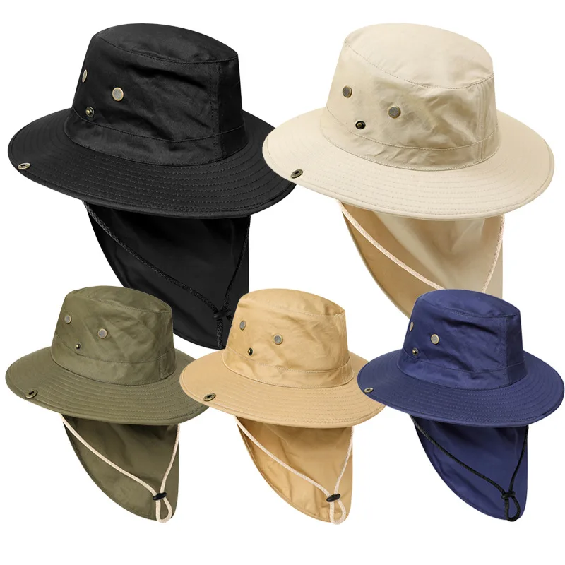 New Adjustable Outdoor Sun Hats UPF 50+ Wide Brim Bucket Hats with Neck Rope Flap Fishing Hiking Men Summer UV Protection Caps