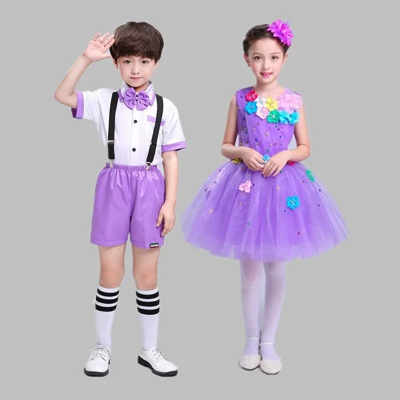 Kinder Performance Kleidung lila Pailletten flauschigen Gaze Rock Kindergarten Jungen Mädchen Chor Cheerleading Tanz kostüme