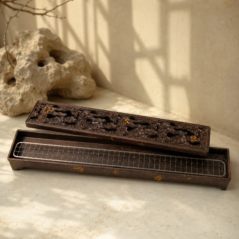 New Chinese Style Cloud Hollow Out Solid Wood Alloy Incense Stick Coil Incense Burner Household Study Room Meditation Ornament