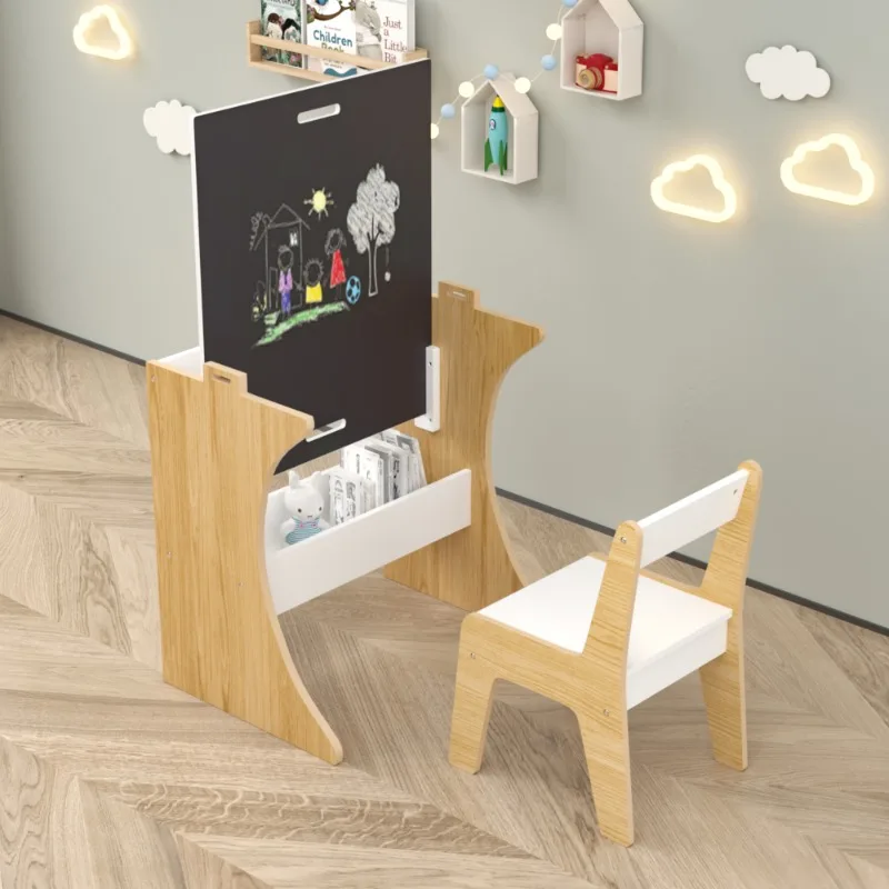 Kids Wooden Art Easel with Chair Multifunctional Children's Drawing Board for Creativity & Learning Playroom Furniture