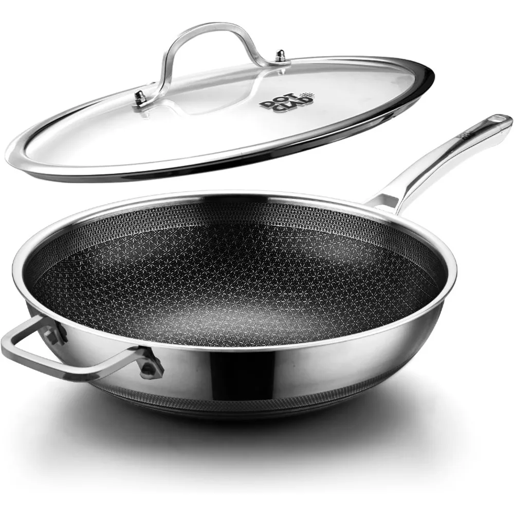 

Wok pan,Hybrid 12 inch Wok with Lid, PFOA Cookware,non stick Stainless Steel Woks & Stir-fry pans Nonstick, Dishwasher and Oven