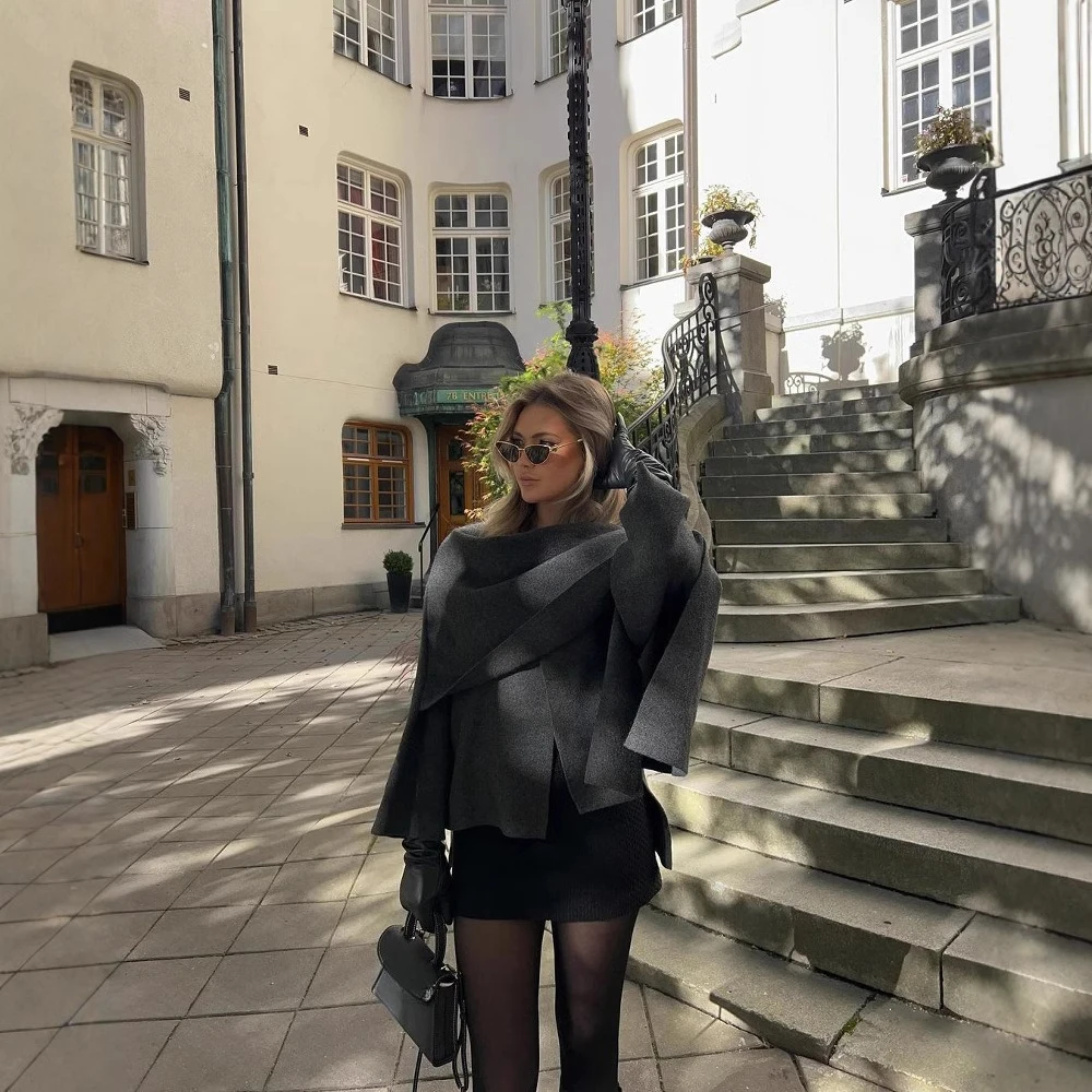 

Knitted Short Coat Jacket Shawl Fashion Loose Casual Sleeved Coat Autumn Lady Cape Scarf Collar Outwear Pullover Sweater