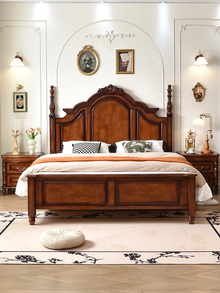 

NEW American style antique style solid wood grand bed master bedroom solid wood walnut carved Roman column retro 1.8 meter doubl