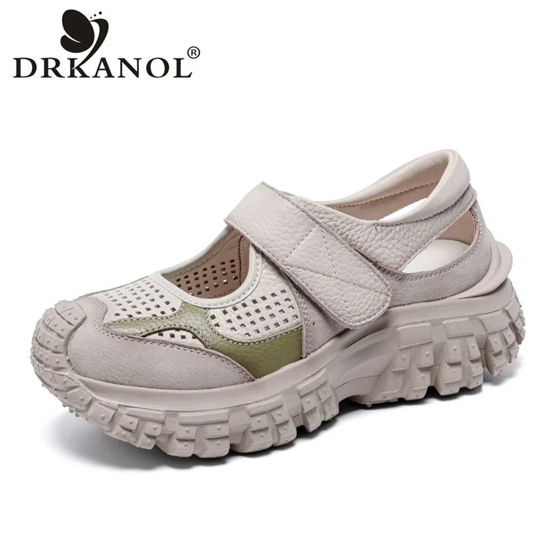 

DRKANOL Women Wedges Shoes Summer Hollow Out Breathable Mixed Colors Genuine Leather Platform Height Increasing Casual Sandals