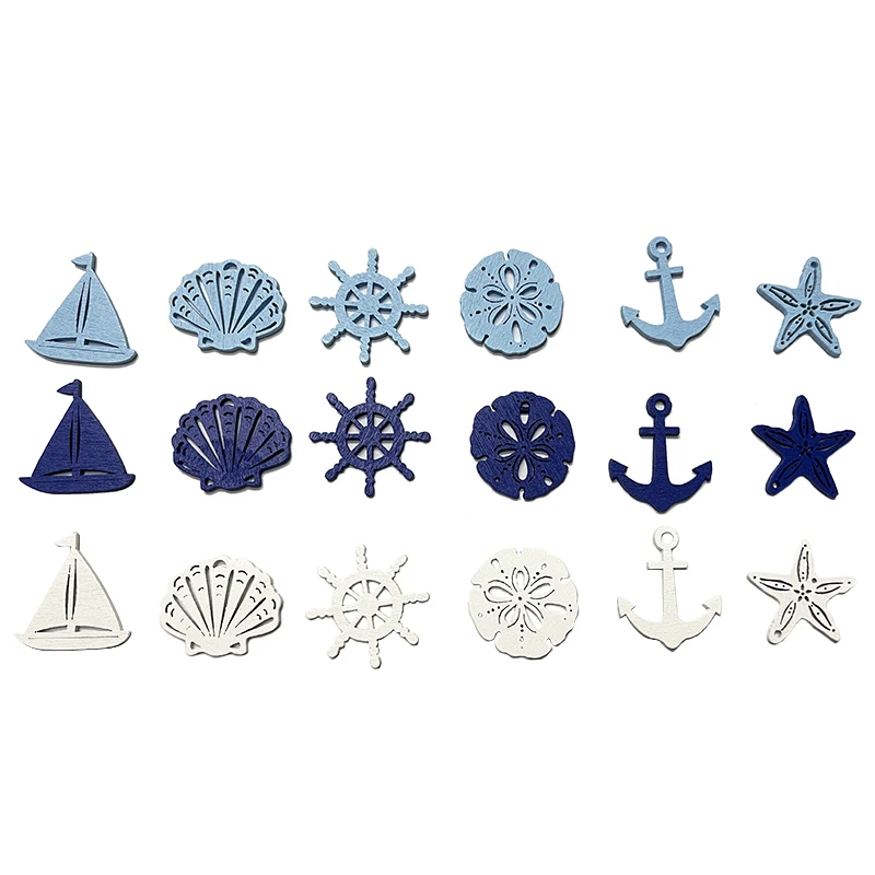 25Pcs Mixed 3-3.6cm Marine Blue/White Wooden Crafts Sailboats/Rudders/Shell Hanging Pendant Ornaments DIY Scrapbook Home Decor