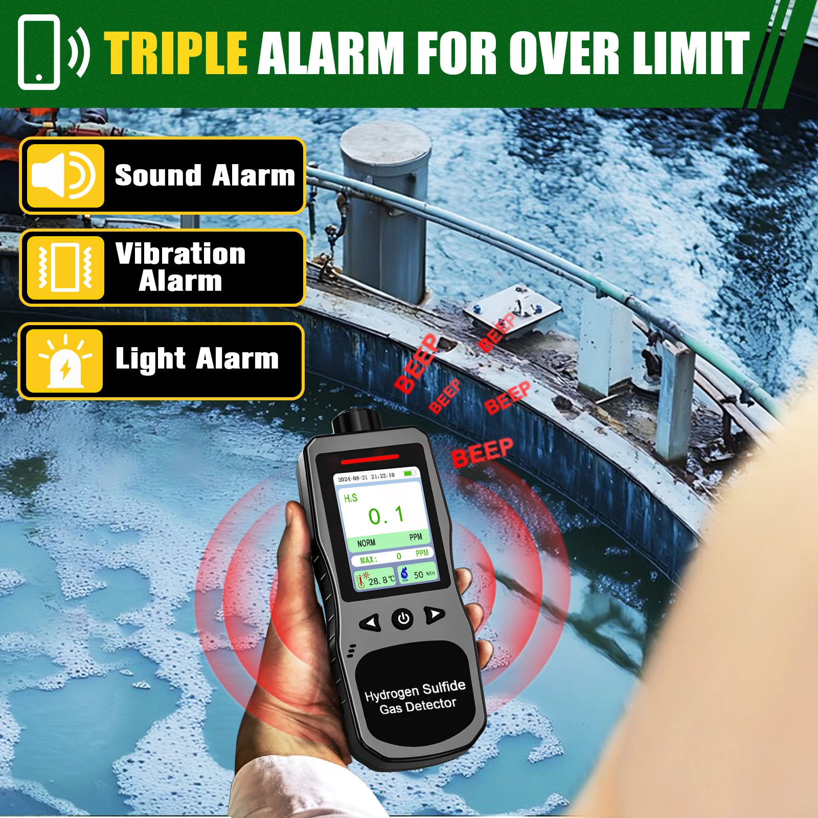 Hydrogen Sulfide Gas Detector 0-100 PPM with 3 Alarm Modes, 16H Long Battery Life, H2S Air Quality Meter with Temp & Humidity Te