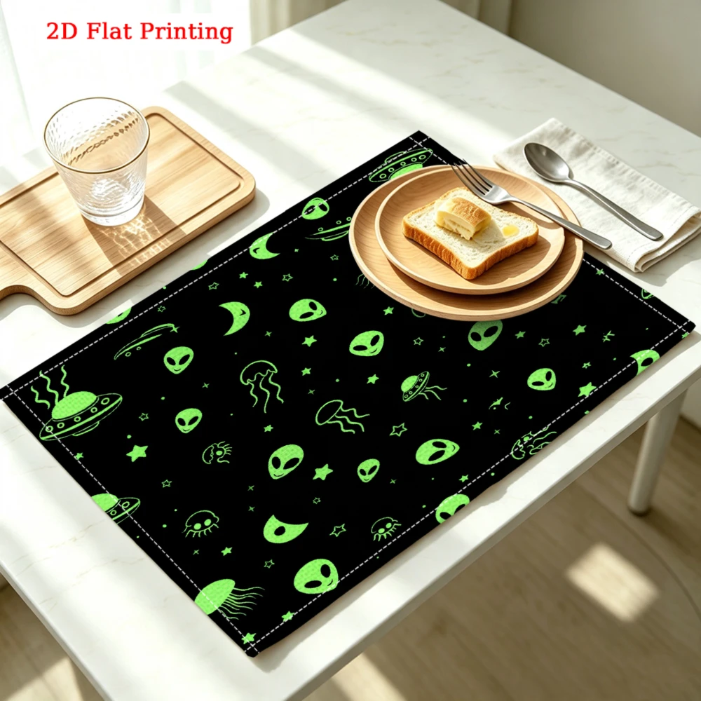 Green Aliens And Ufos Pattern Kitchen Placemat Coaster Linen Pad Dish Coffee Cup Table Mat 30x40cm Home Decor