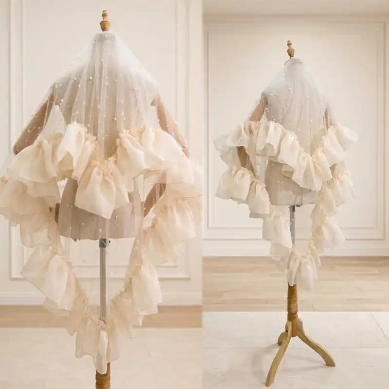 Enchanting Bridal Veil Two-Layer With Comb Pearls Flower Veils Wedding Accessories Customized velos de novia