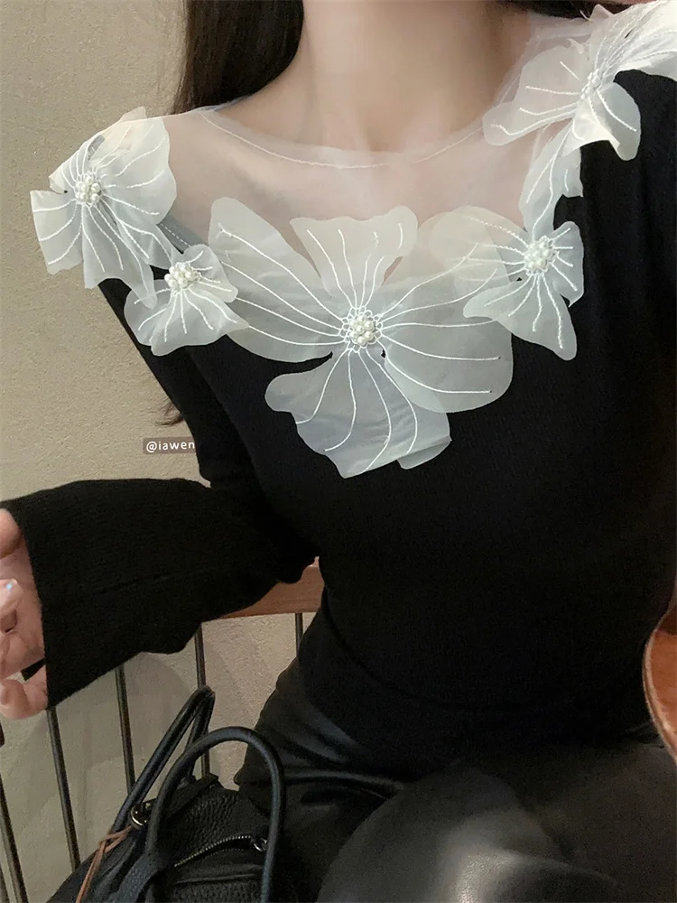 

3D Floral Off Shoulder Sweaters Women Elegant Slim High Waist Knitted Tops French Fairy Appliques Pullovers Stretch Autumn 2024