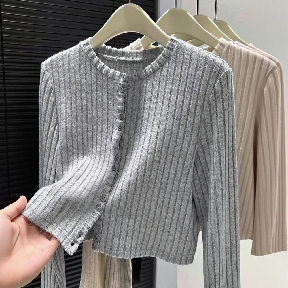 여성용 긴 소매 라운드 넥 가디건 가을 겨울 캐주얼 핏 솔리드 컬러 오픈 프론트 니트웨어 스트레이트 슬리브