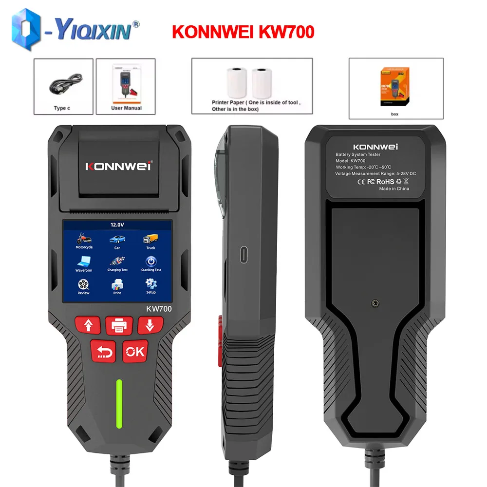 

KONNWEI KW700 Car Battery Tester 12V/24V Car Moto Battery Voltage Testing Fault Data Printing Health Scanning Diagnostic Tool