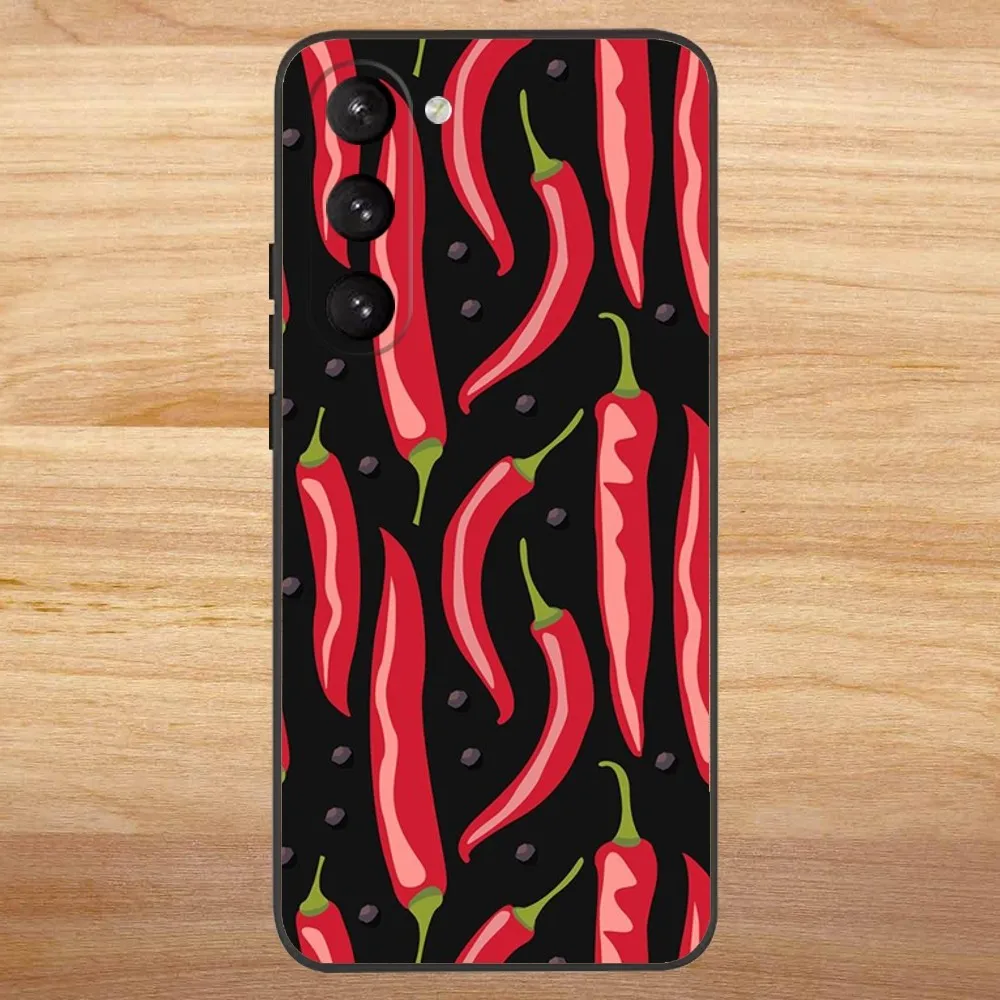 Spicy Chili Pepper Phone Case For Samsung S23,23,22,30,21,10,9,Note20 Ultra,Lite,Ultra,5G,Plus,FE,Black Soft Case