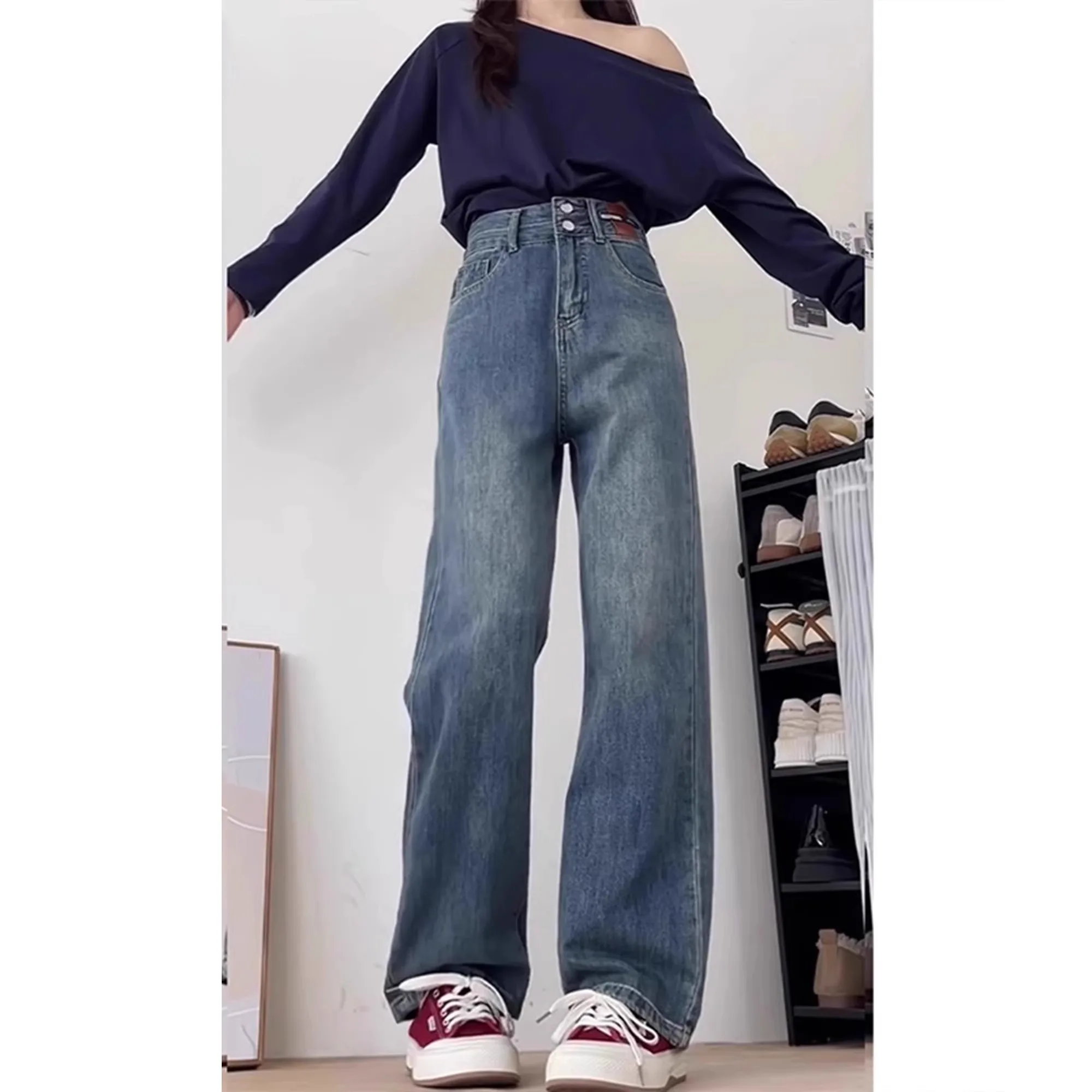 

Широкие джинсы с высокой талией на подкладке, свободные длинные джинсы прямого кроя, женские зимние модные утягивающие джинсовые брюки с высокой талией