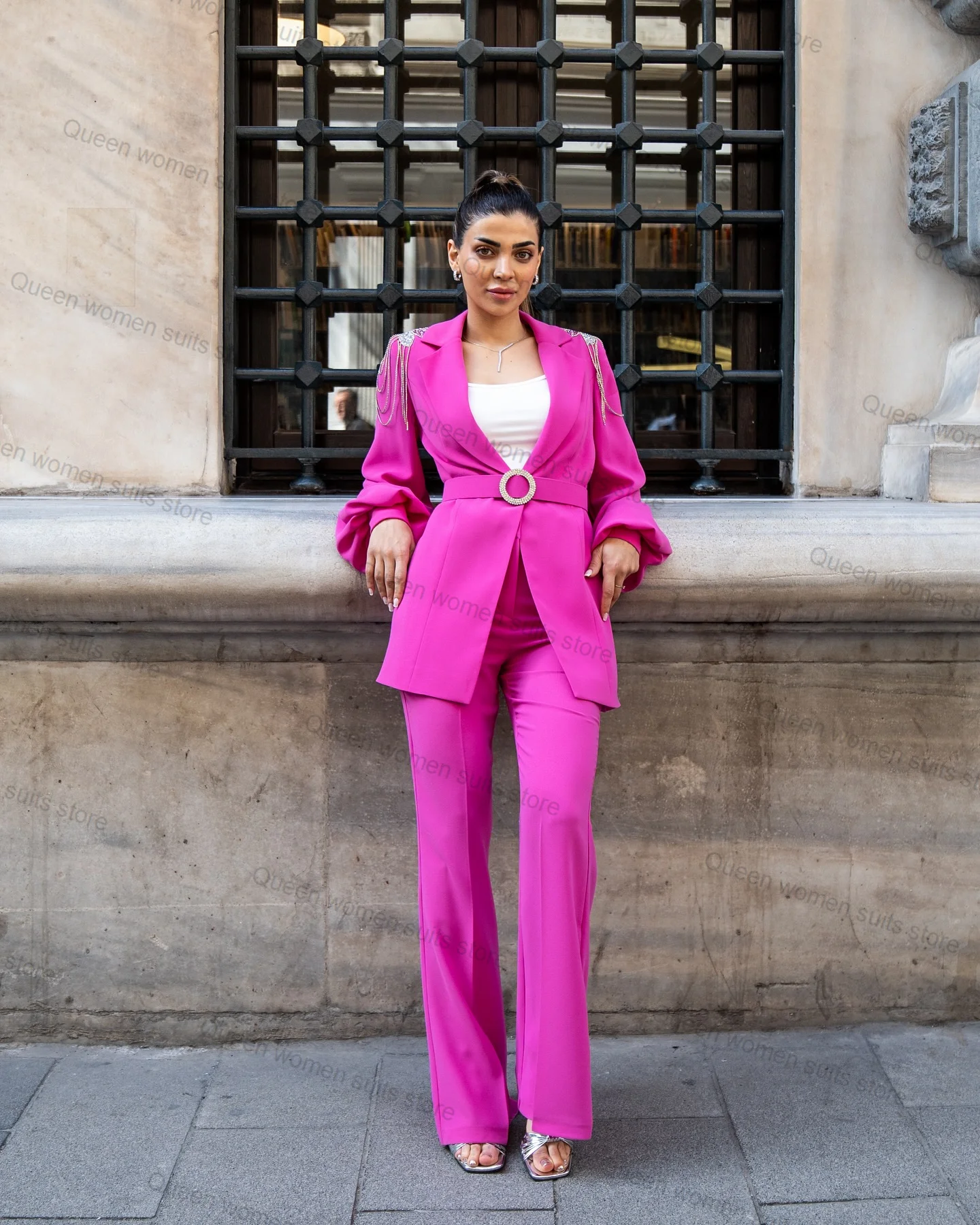 Hot Pink Crystals 2 Piece Women Suits Pants Set Blazer+Trouser With Belt Formal Office Lady Custom Size Coat Prom Jacket