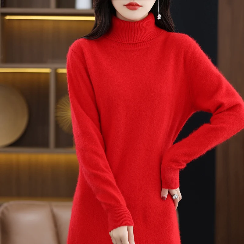 Women\'s High Neck Long Sleeve Solid Color Mink Cashmere Korean Loose Luxury Soft Mink Cashmere Knitted Dress Winter Warm