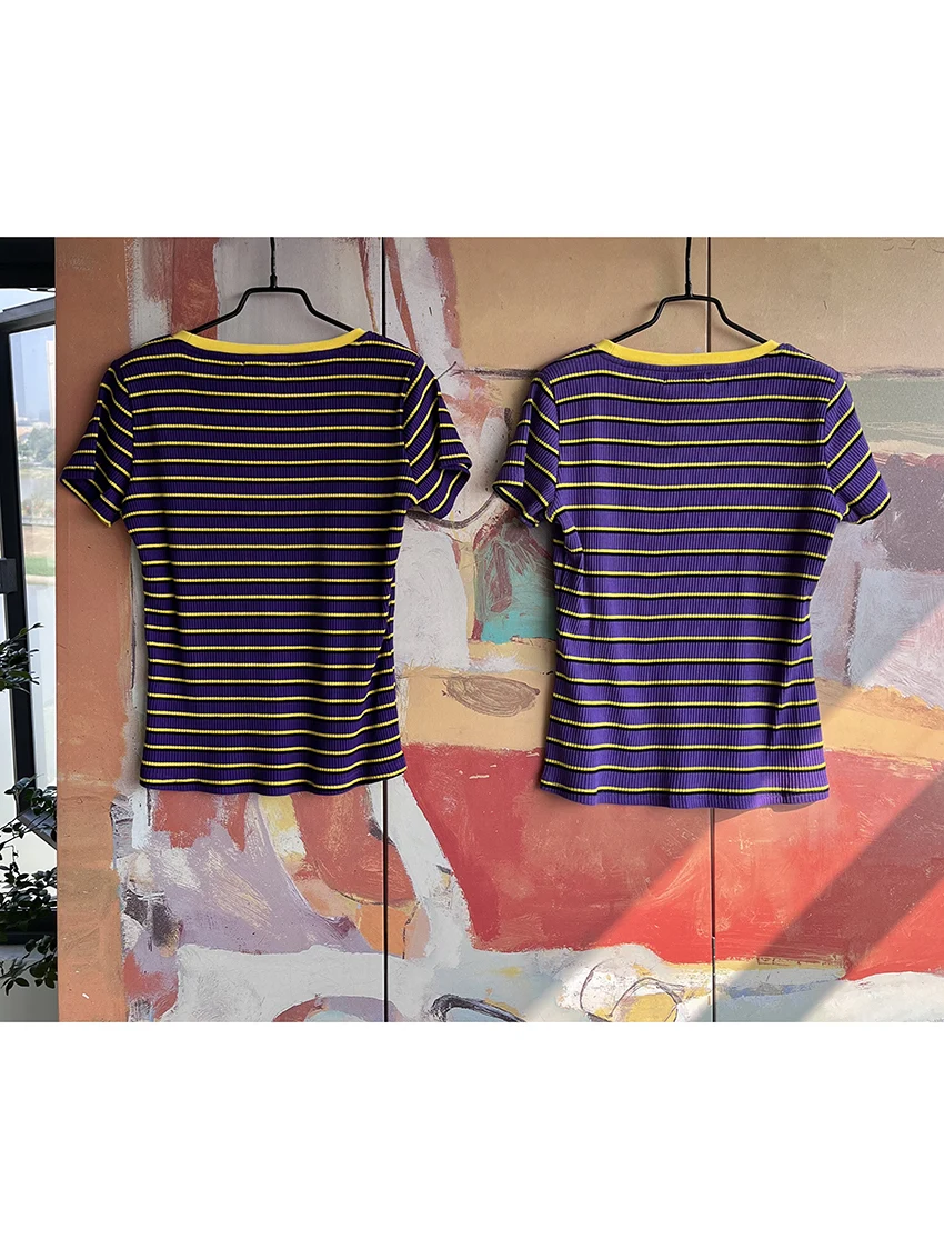 Ultra Slimming And Whitening Disturbia Purple Striped Short Sleeve Ribbed T-Shirt Street Style Cotton Summer round Neck Regul...