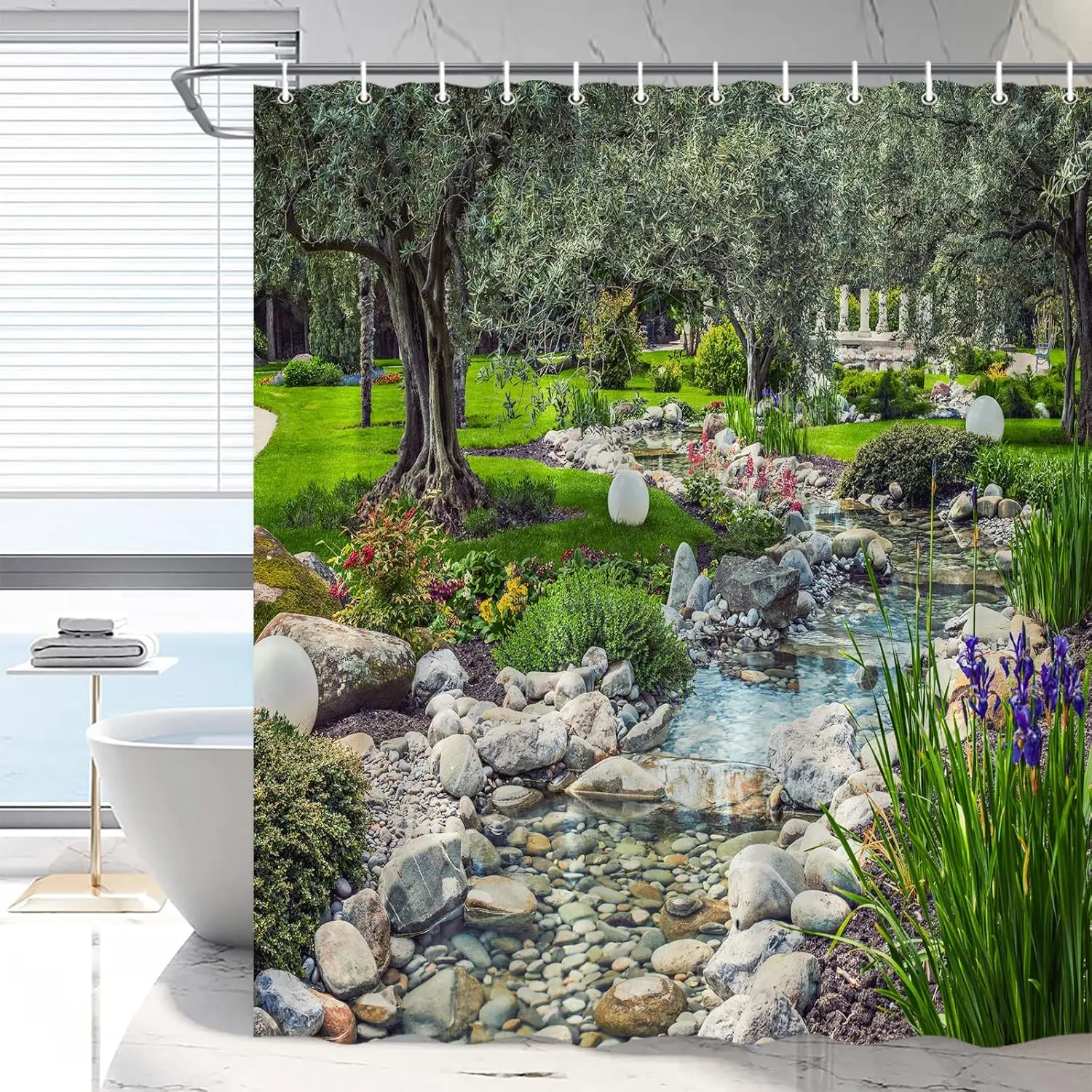 Garden Scenic Shower Curtain Colorful Flowers Green Landscape Bathroom Curtains Spring Plants Nature Scenery Country Bathtub