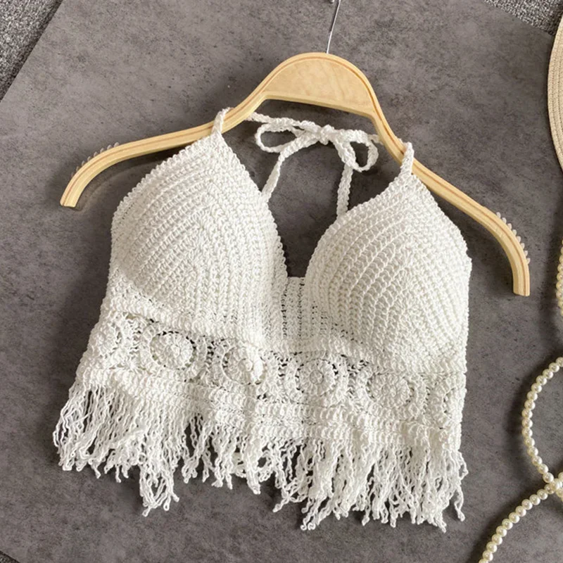 Sexy Boho Beach Holiday Camisole Halter Women Crochet Knit Swimsuit Bra Backless Vest Hollow Tassel Tank Top Women\'s Crop Tops