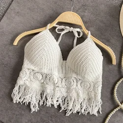 Camisola feminina Boho Crochet Knit Crop Top, Camisola de praia, Camisola de férias, Sutiã de crochê, Colete sem costas, Camisola de alças oca, Sexy