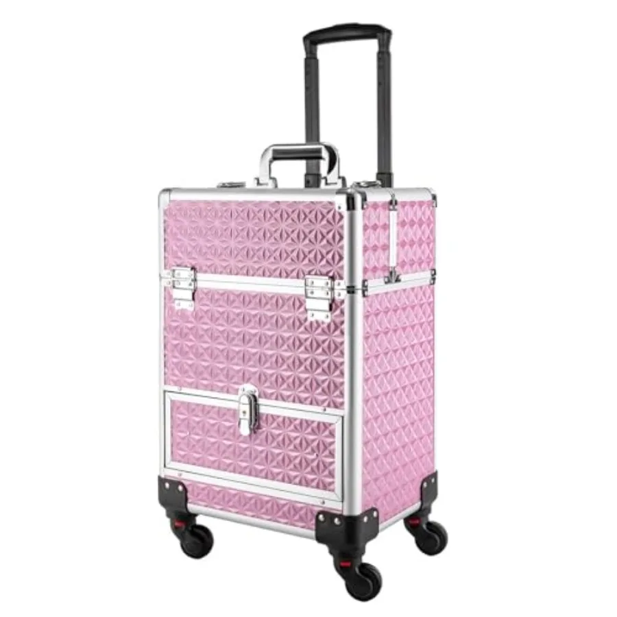 

Профессиональный алюминиевый кейс-тележка для макияжа и маникюра на 4 универсальных колесах, розовый, для студии или путешествий