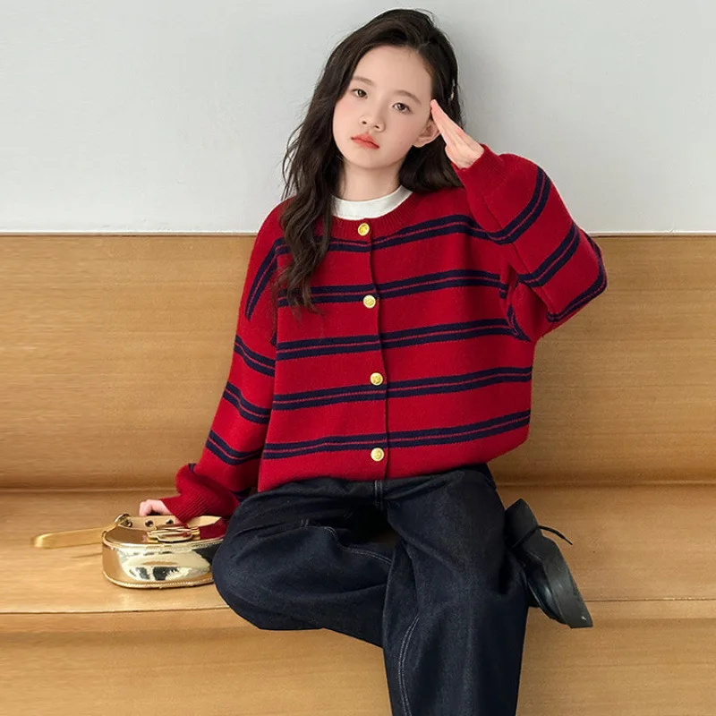

Autumn School Girls 2pcs Outfit Junior Girls Striped Single-breasted Sweater Coat Children Girls Loose Denim Pant Kids Girls Set