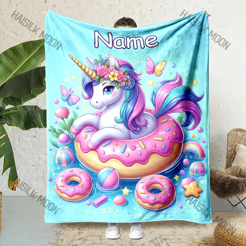 

Персонализированное имя, одеяло с единорогом и пончиком, диван, спальня, офис, досуг, путешествие, одеяло для автофургона, специальный подарок для друзей, семьи