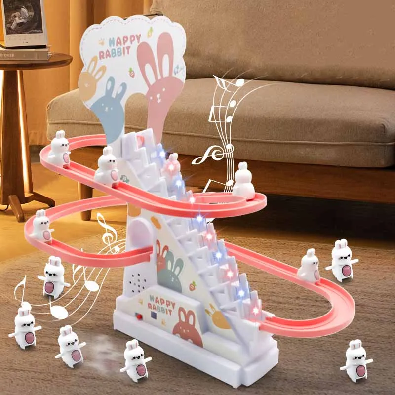 Creative Cute Bunny Automatic Climbing Stairs Toy Kids Electric Track Educational Toys White Rabbit Slide Toys Funny Gifts