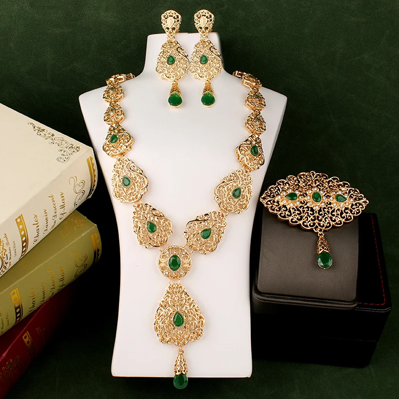 Nieuwe Water Drop Ketting Oorbellen Set Voor Vrouwen Marokko Bruiloft Ketting Groen Rhinestone Vergulde Bruids Sieraden Sets Bijoux