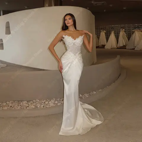 Exquisite Women Wedding Dresses Fashionable Lace Applique Mermaid Bridal Gowns Sexy V-Neck Sleeveless Robe De Mariée Customized