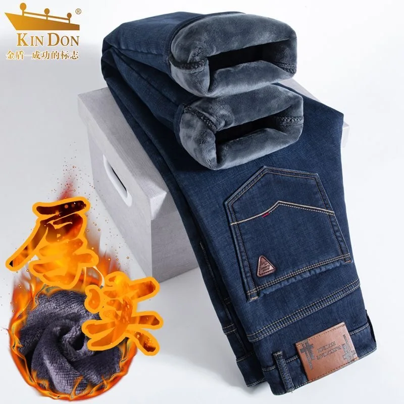 Tendenza moda invernale tinta unita con jeans caldi morbidi e spessi per jeans sportivi larghi casual da uomo a gamba dritta di alta qualità
