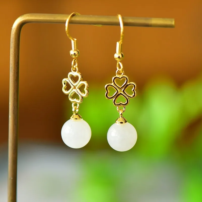 Exquisite Copper Inlaid White Jade Fashion Temperament Earrings