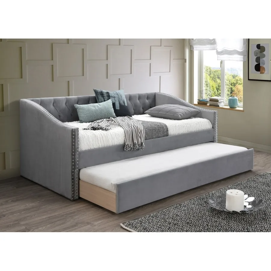 1pc Day Bed w/ Slat Trundle Button Tufted Nailhead Trim Gray Finish Bedroom Furniture Space Saving