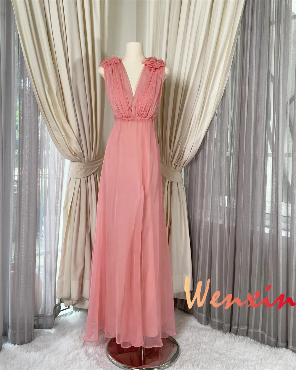 Robe de soirée en mousseline de soie rose, personnalisée, col en v, fleurs, robes de soirée, à la mode, pour occasions spéciales