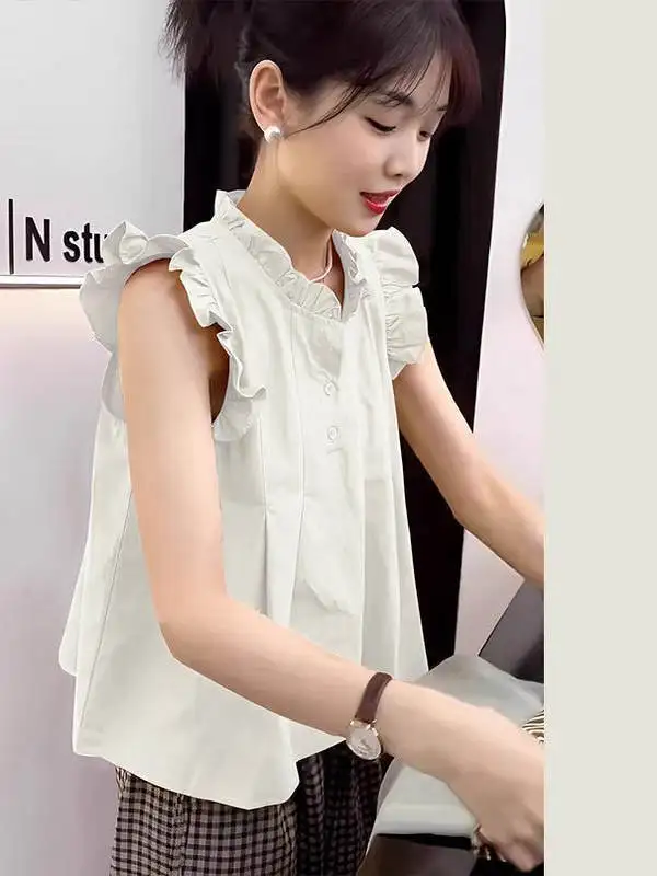 

Fre Wood ain Ruffle Sve irt Women Summer Outdoor Wear Design Romantic Youthful Doll Top Polyester Slim Fit irt