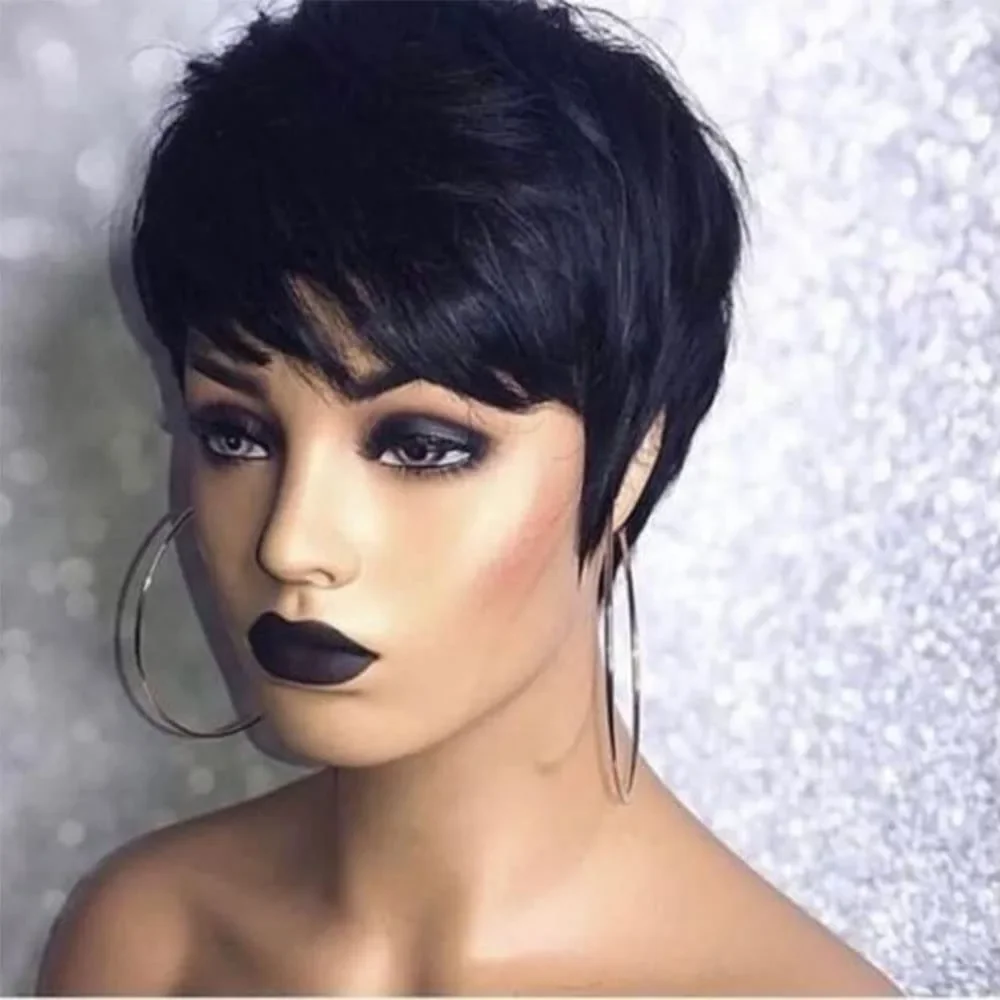 99J Pixie Cut Human Hair Short Layered Wigs for Women  Long Bangs Hairstyle Machine Made Wig